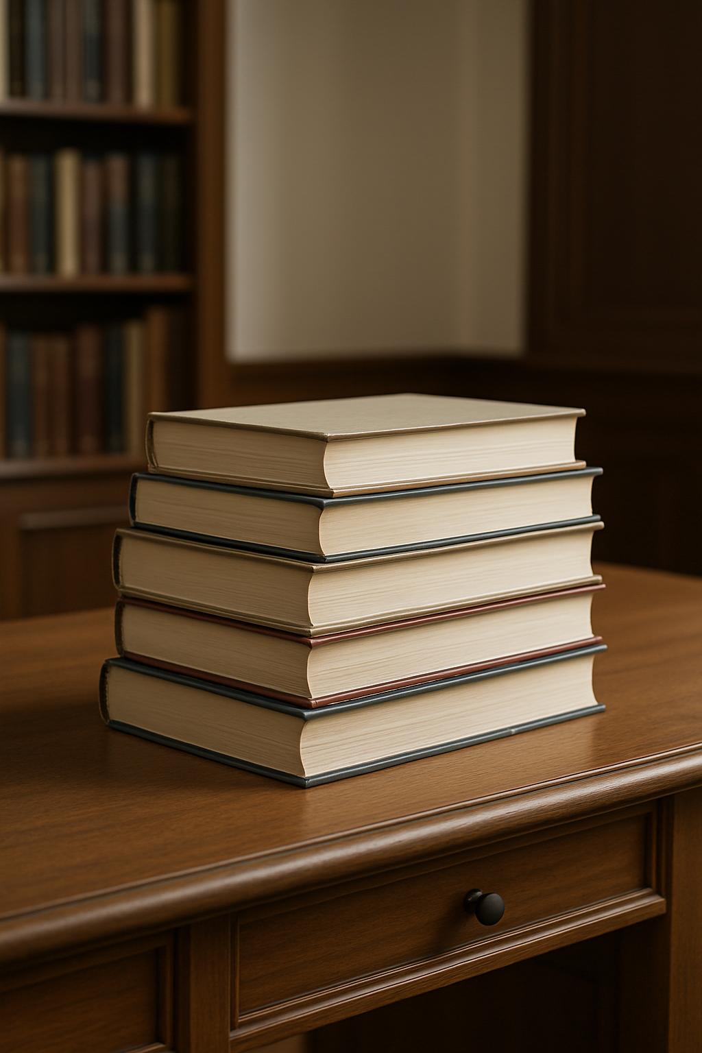 A stack of books on a wooden table in a library.